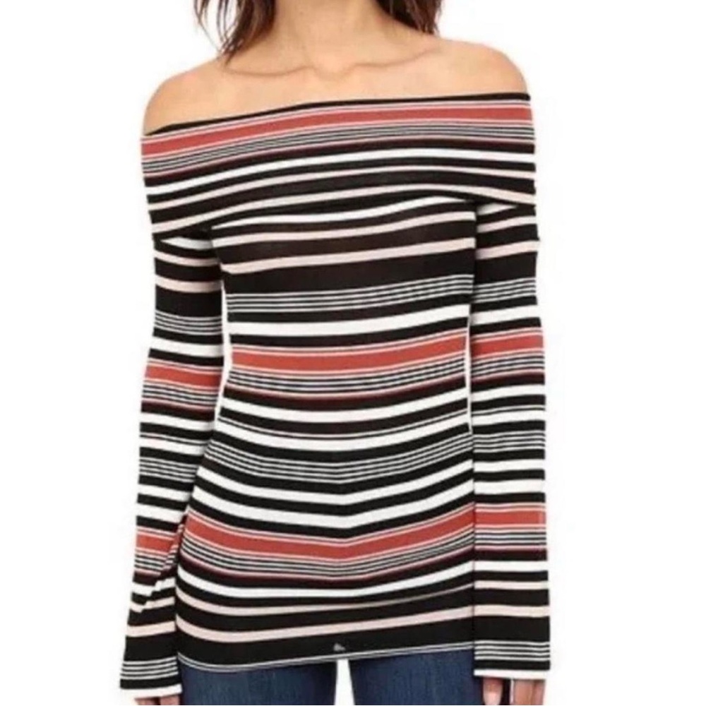 Free People Portland Stripe Off-Shoulder Top with Flared Bell Sleeves Boho Sz M